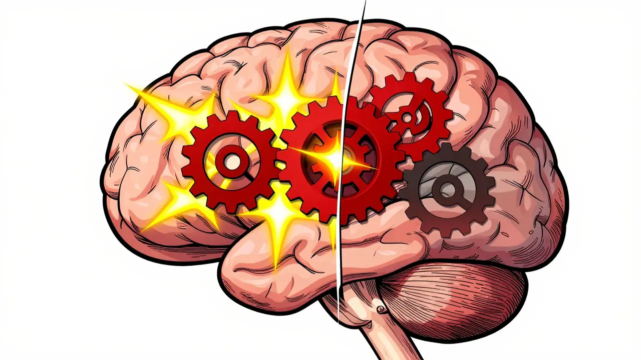 Stylized brain showing medication blocking chemical signals