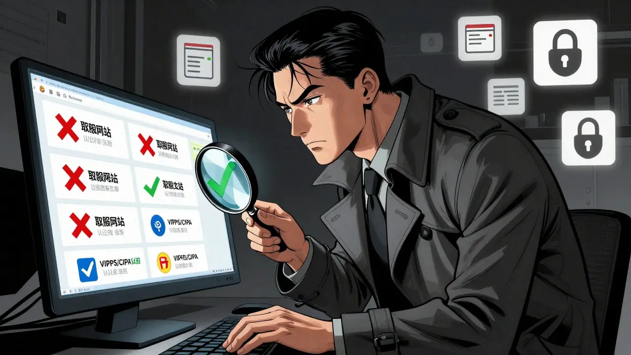Cartoon detective verifying safe online pharmacies with certification seals