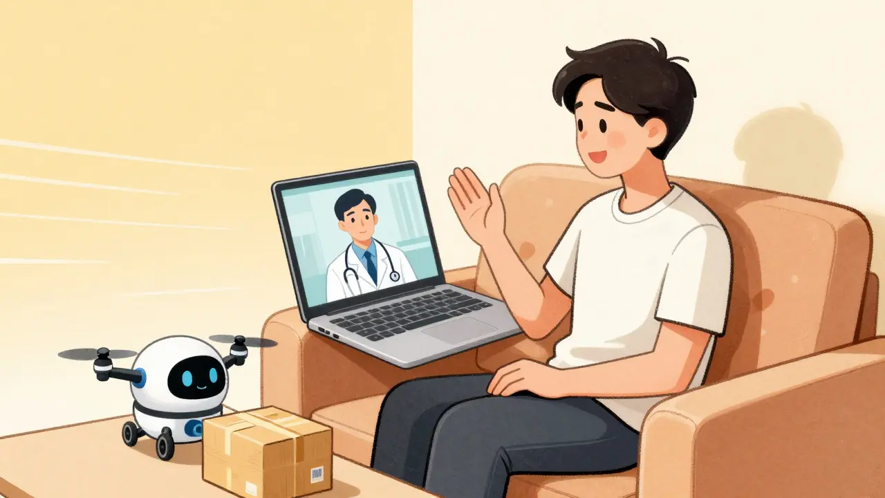 Cartoon showing safe online telehealth consultation and delivery