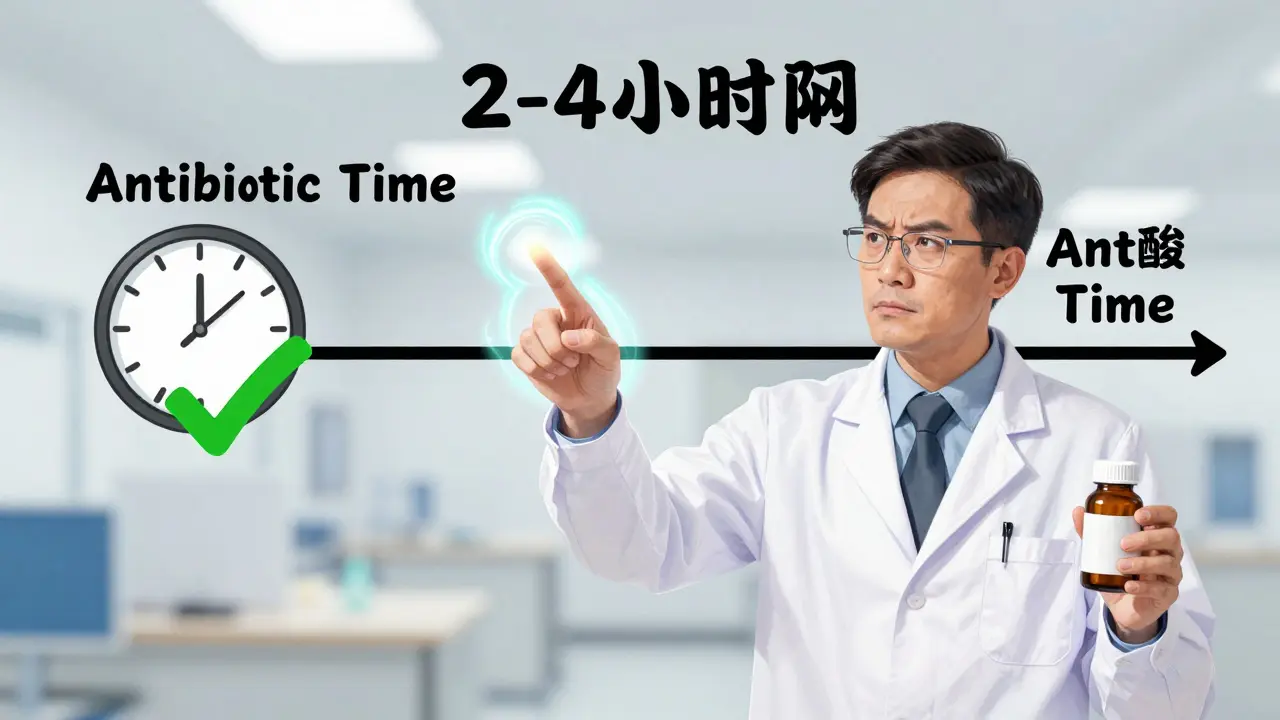 Doctor explaining time gap between antibiotics and antacids