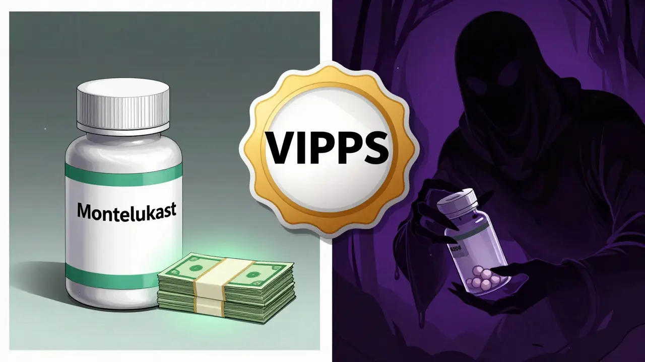 Illustration comparing safe generic meds with dangerous counterfeit scams