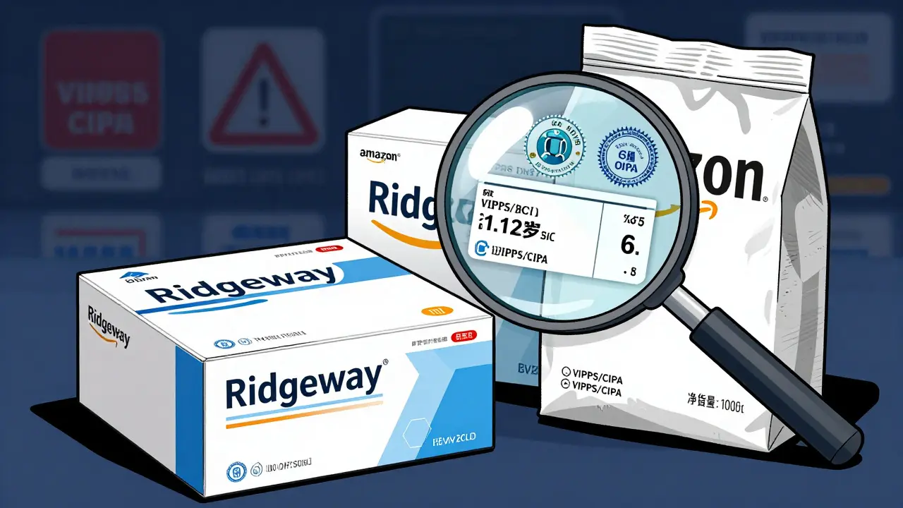 Illustration comparing safe online pharmacy packages with certification seals and price tags.