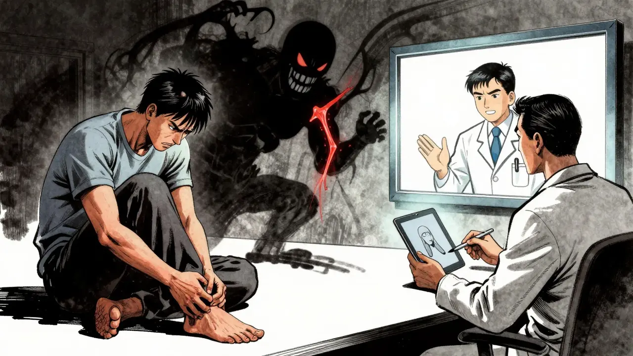Illustration showing antibiotic side effects and telehealth consultation