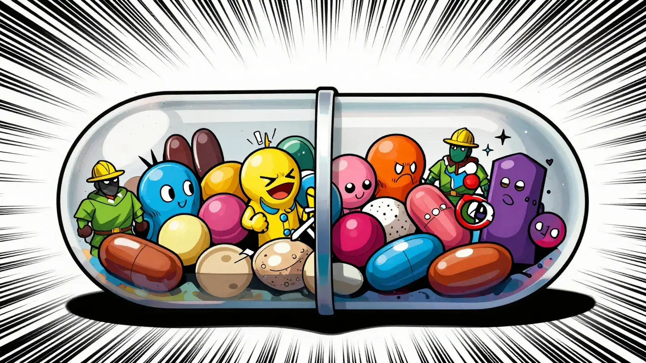 Illustration showing chaotic inactive ingredients inside a pill