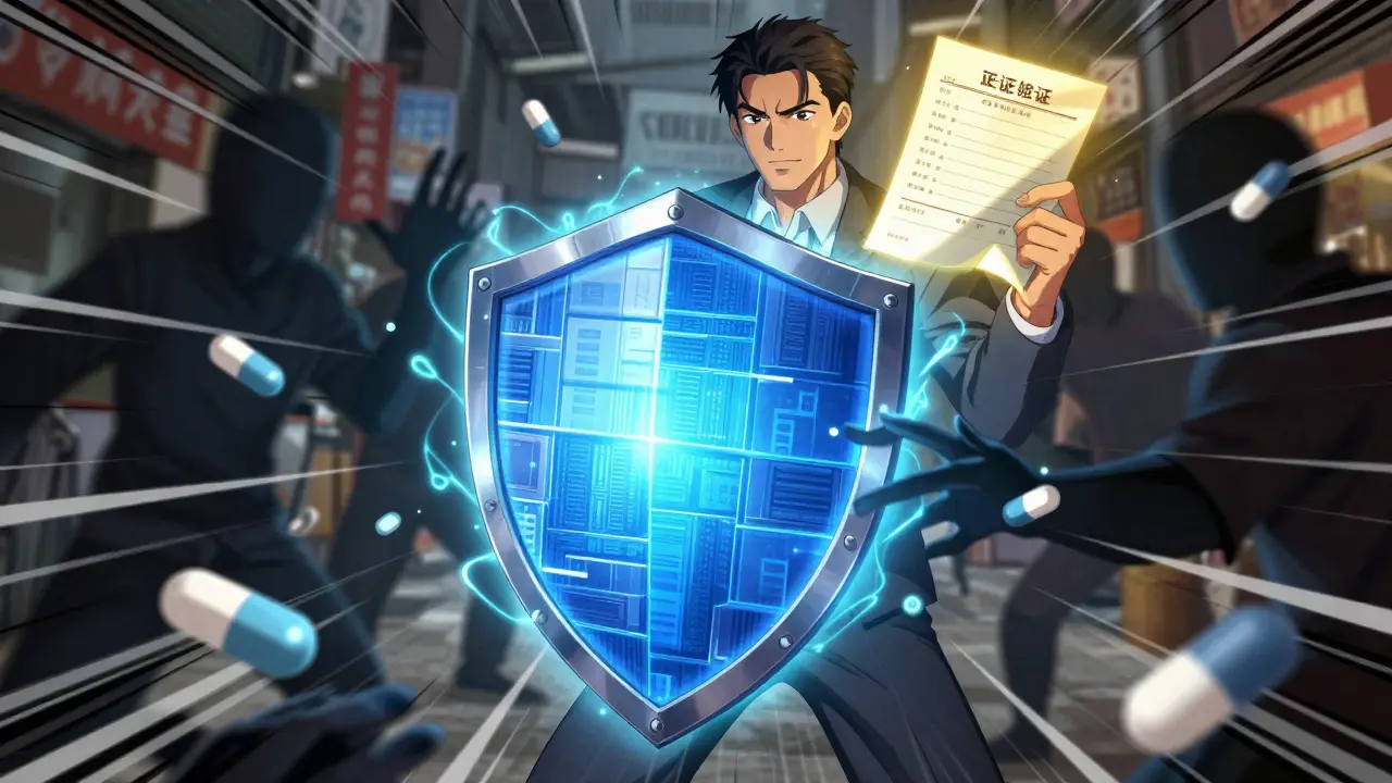 Manhua art showing a shield protecting against counterfeit drugs and shady online pharmacies.