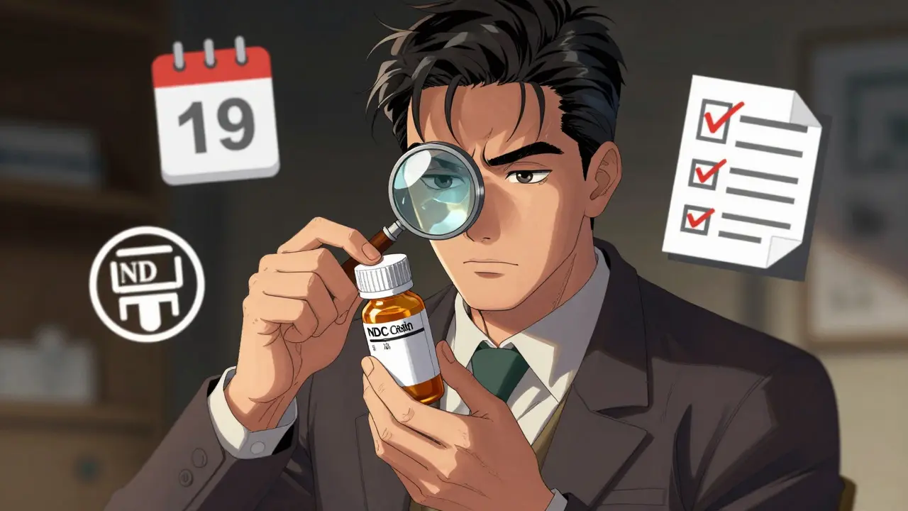 Manhua illustration of a patient inspecting a drug bottle like a detective