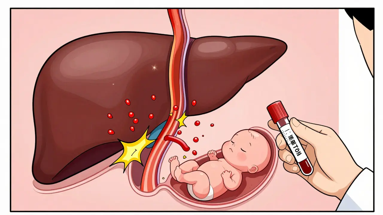 Manhua illustration of bile acids moving from mother to baby via placenta