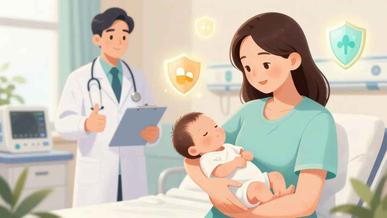 Mother holding healthy baby with doctor in bright hospital room