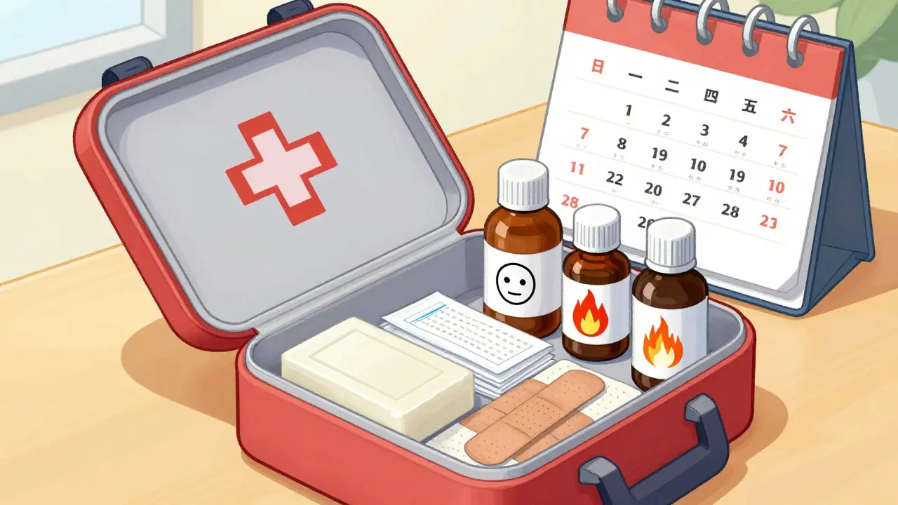 Organized first aid kit with pain relievers and supplies in Chinese manhua illustration