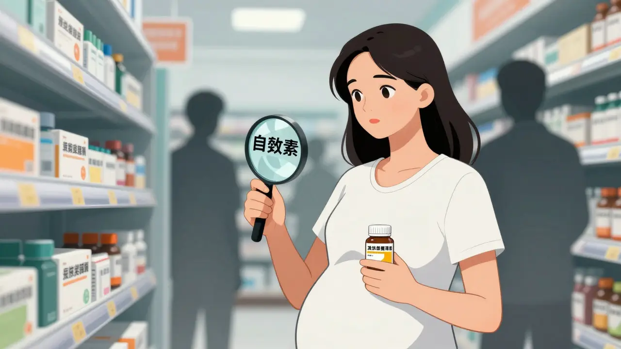 Woman checking drug labels in pharmacy, avoiding unsafe herbs, manhua style