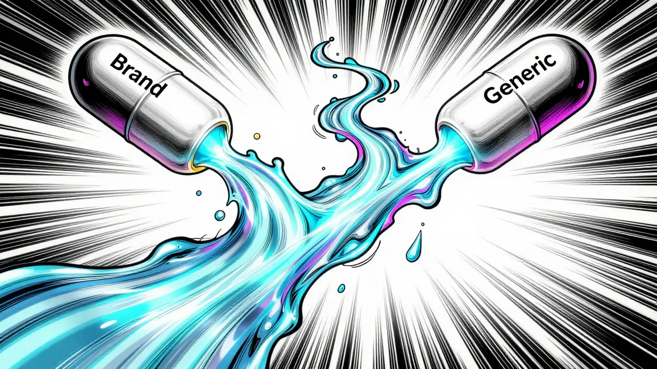 Abstract visualization of drug bioequivalence with merging liquid streams