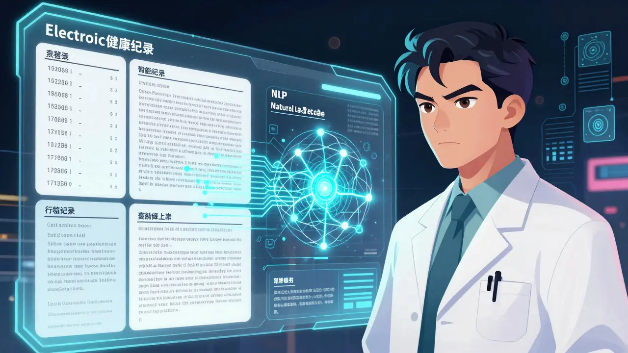 Art depicting AI processing electronic health records for drug safety analysis