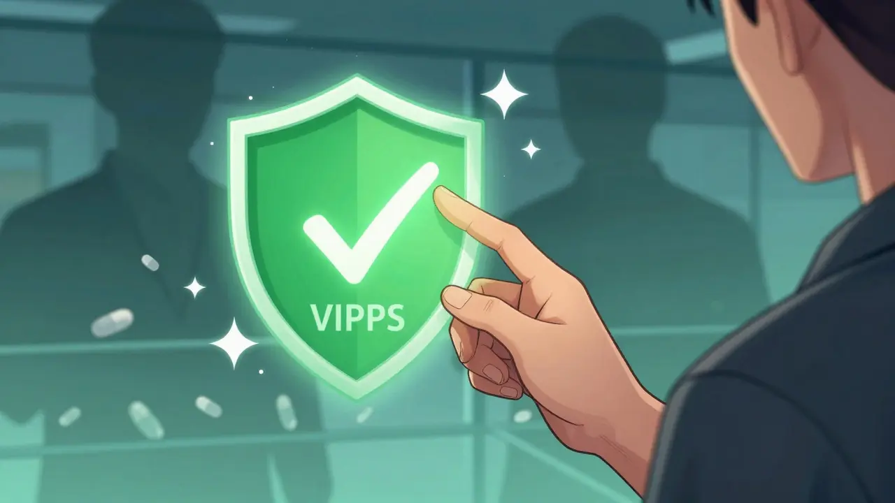 Cartoon depiction of verifying safe online pharmacy with VIPPS shield