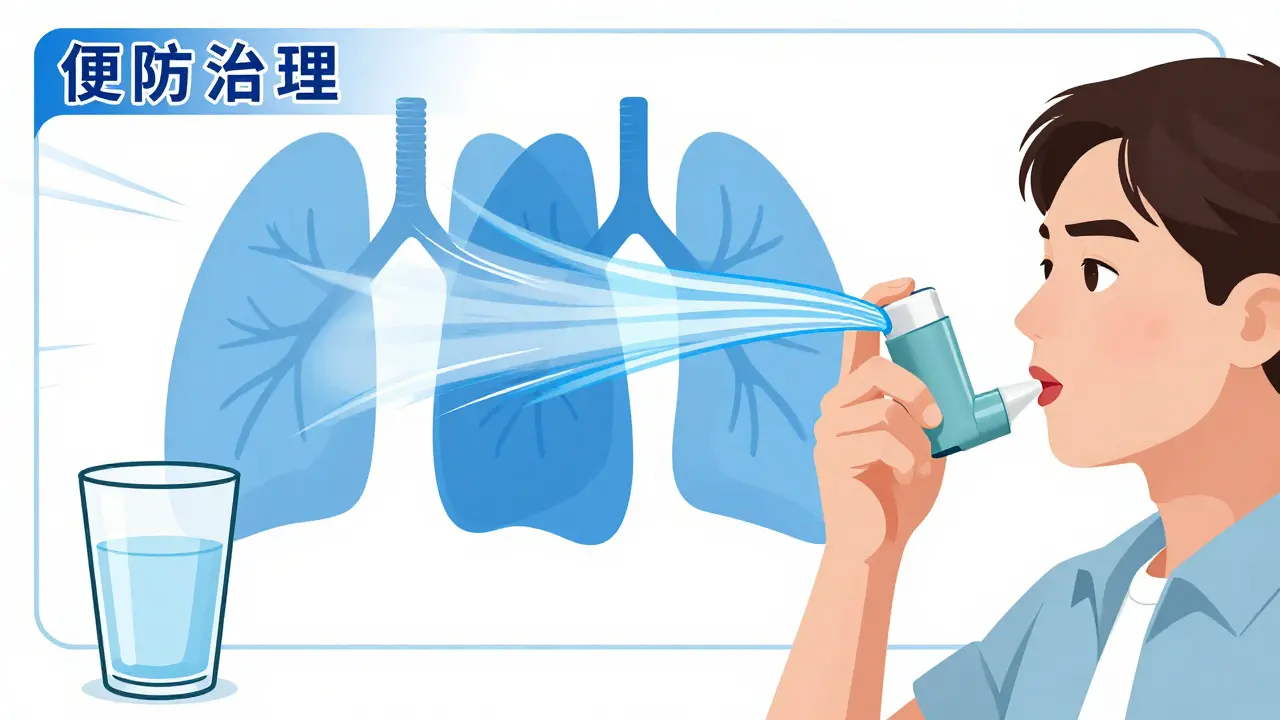 Character using spacer and rinsing mouth for safe inhaler use