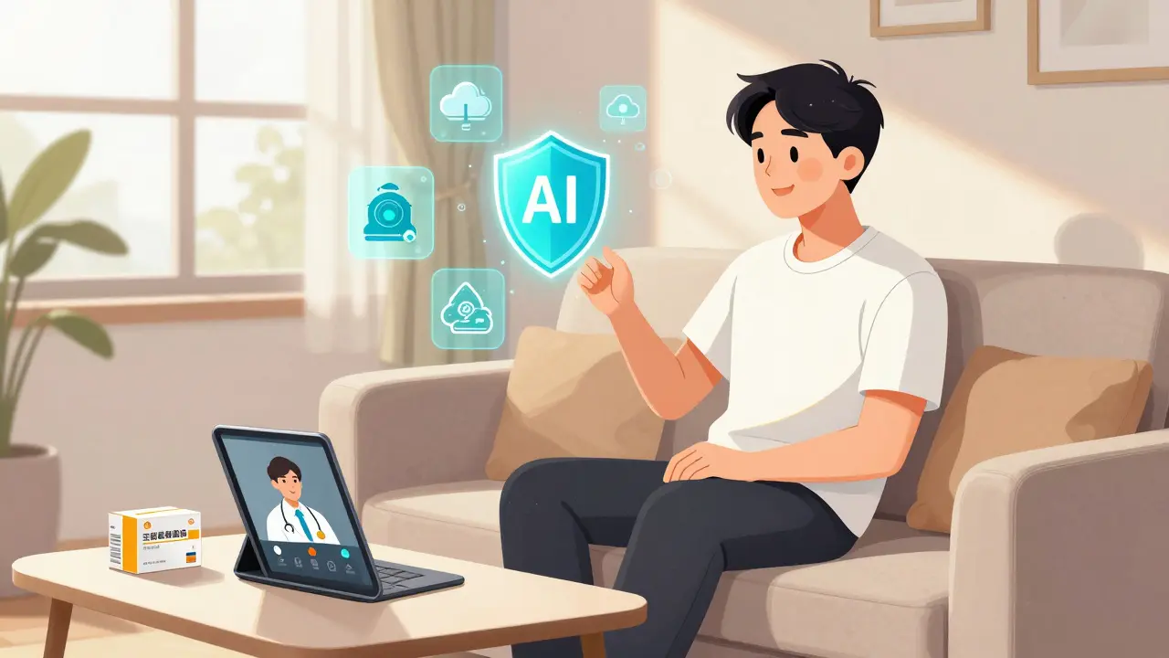 Chinese comic art of a patient receiving meds at home via telehealth and AI tech.