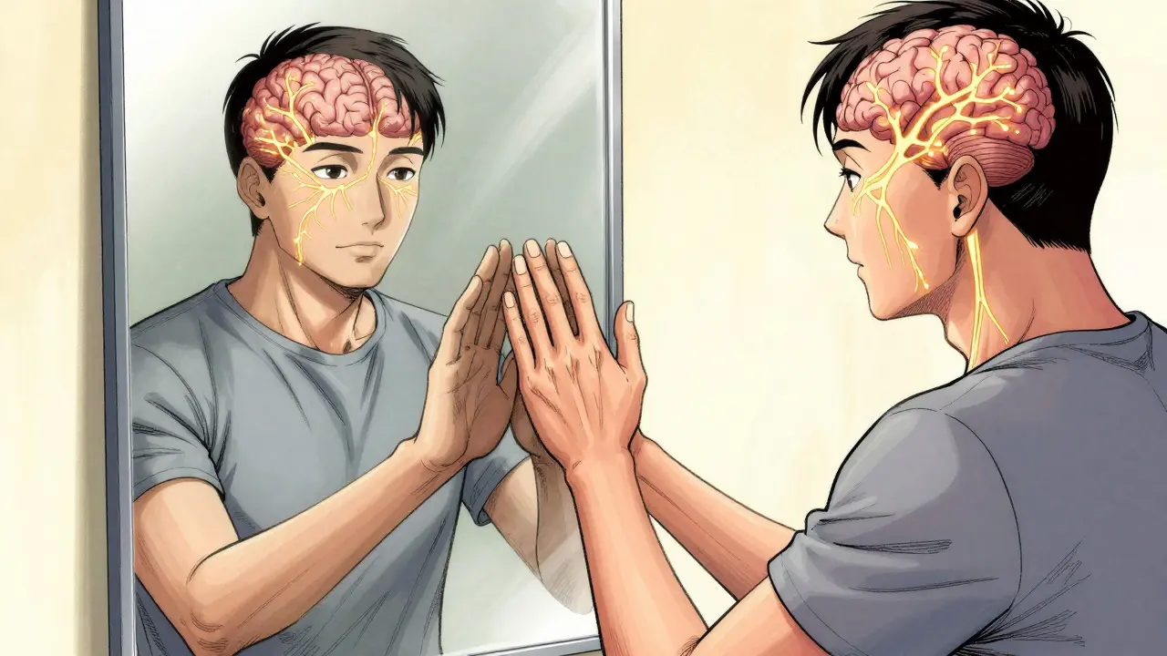Chinese comic art showing a patient using mirror therapy to retrain their brain and reduce phantom pain.