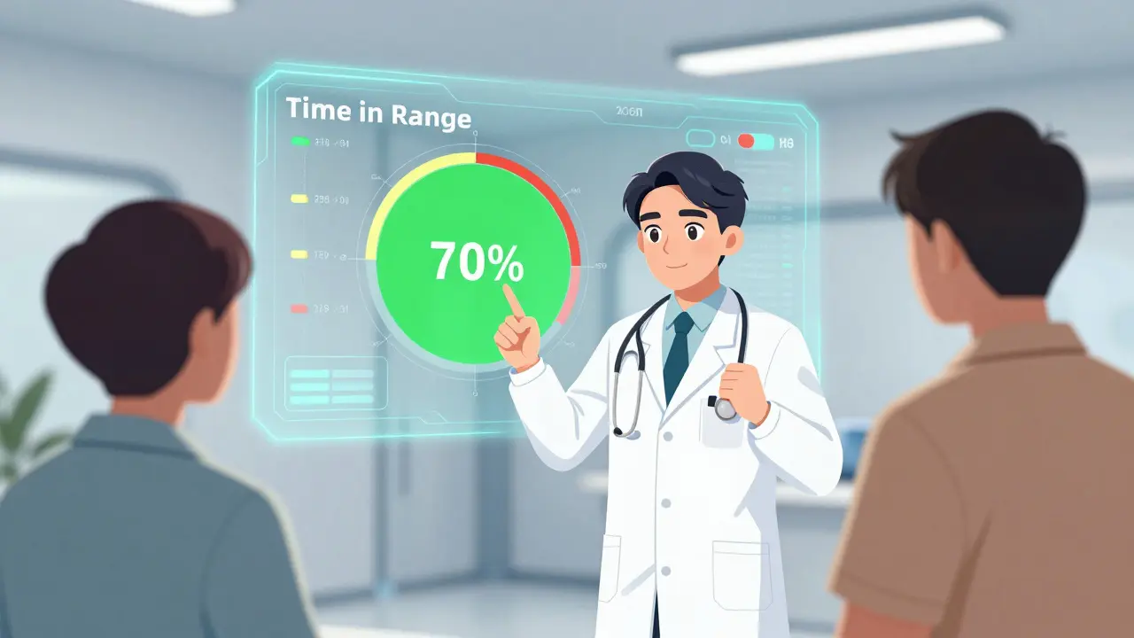 Doctor and patient reviewing Time in Range data on a CGM display