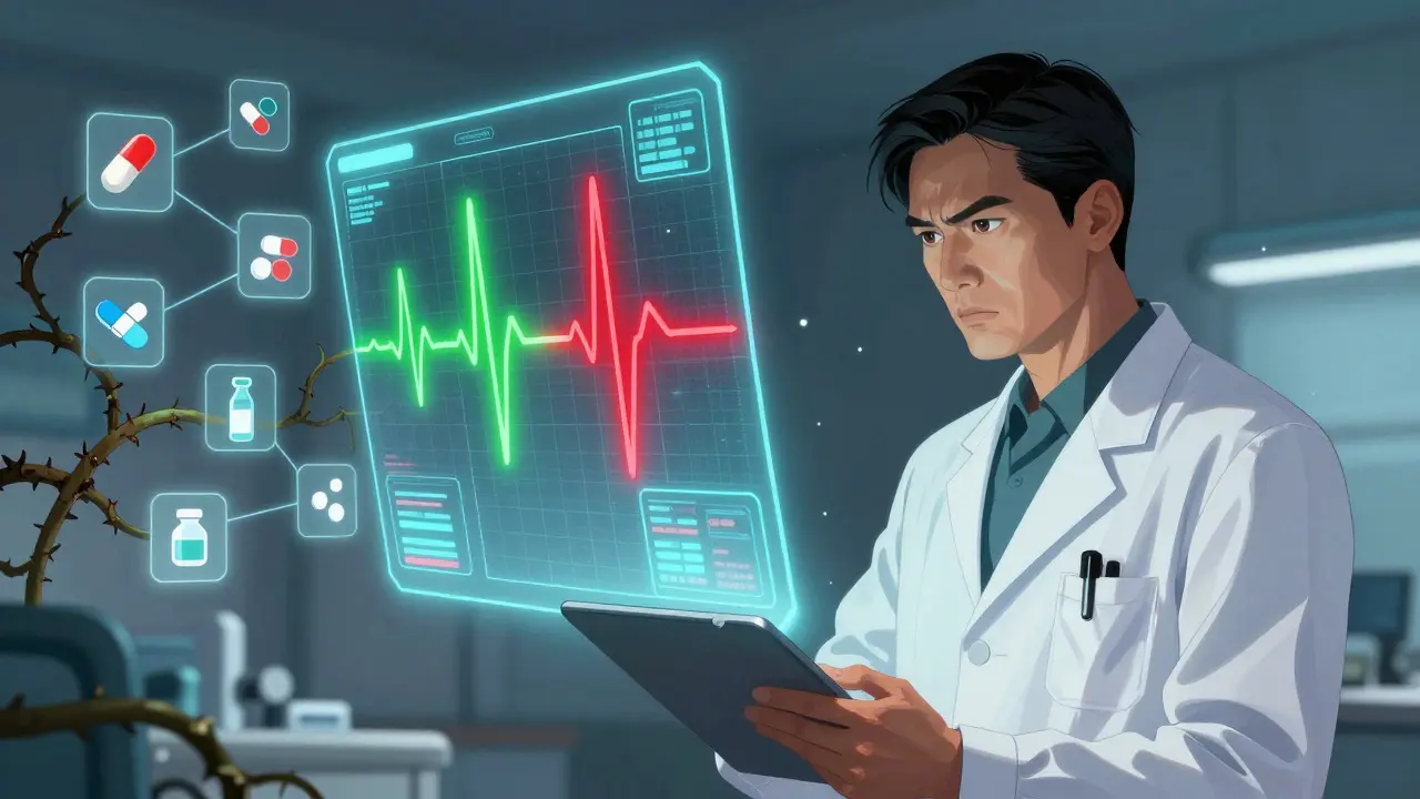 Doctor examining holographic ECG and drug interaction risks in Chinese comic style