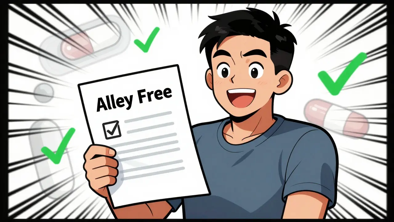 Happy patient in manhua style holding results, celebrating removal of false allergy label.