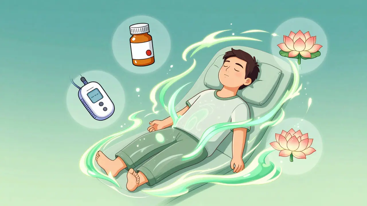 Illustration in manhua style depicting a relaxed patient using combined therapies for pain relief.