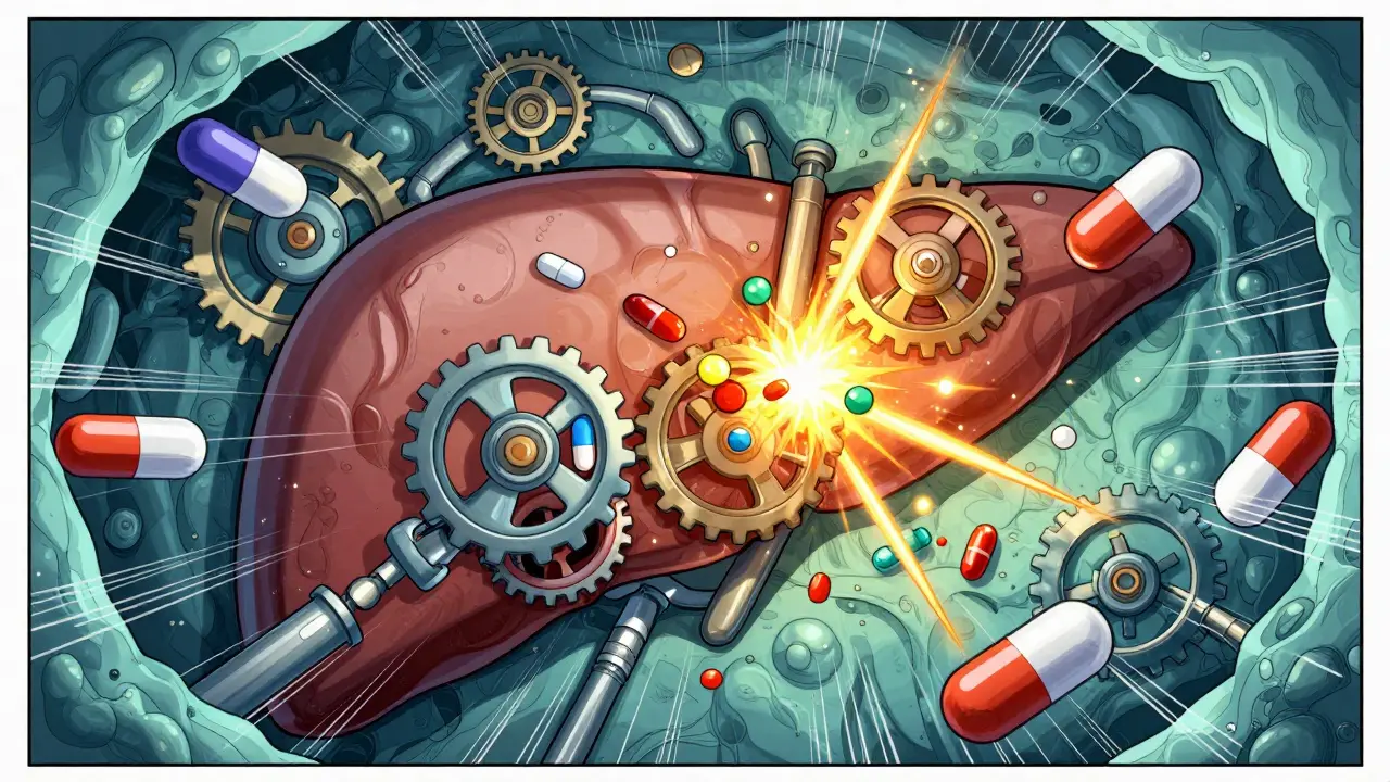 Illustration of liver enzymes and pills interacting chaotically in manhua style