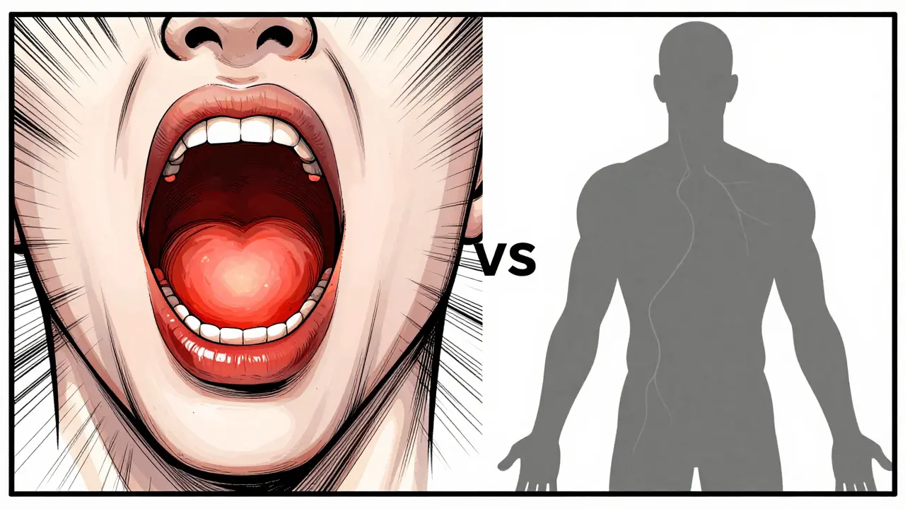 Illustration showing local throat irritation vs systemic absorption