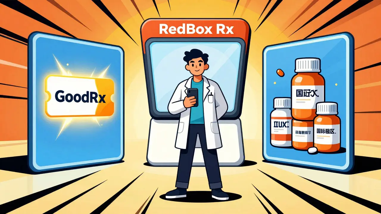 Illustration showing online pharmacy options: coupons, telehealth, and bulk