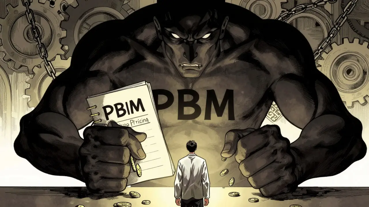 Manhua art: Shadowy PBM giant squeezing an independent pharmacy owner over spread pricing.