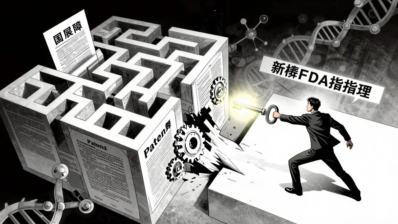Manhua art showing breakthrough of US patent barriers with new FDA guidelines.