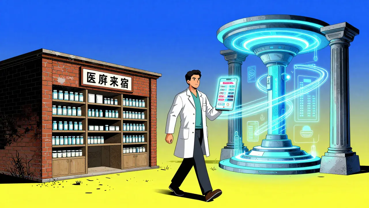 Manhua illustration of a hybrid future blending traditional pharmacies with digital DTC platforms.