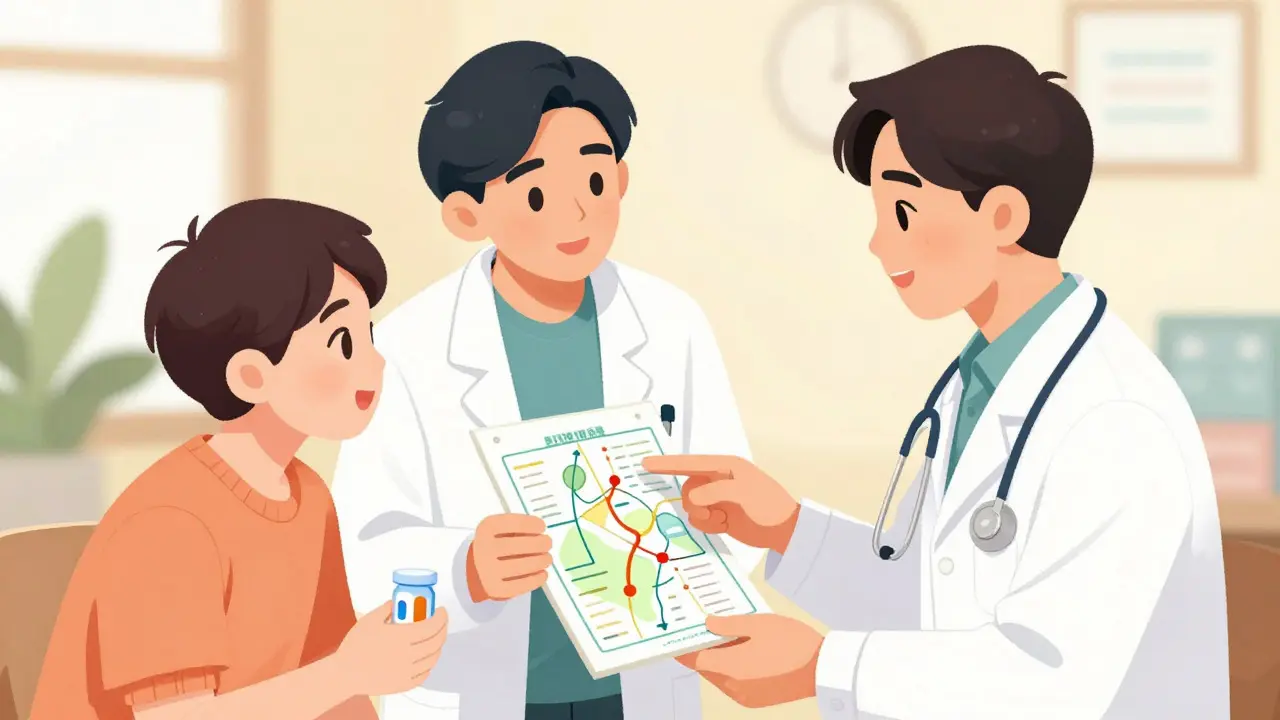 Manhua style: Doctor helping patient with side effect mapping chart