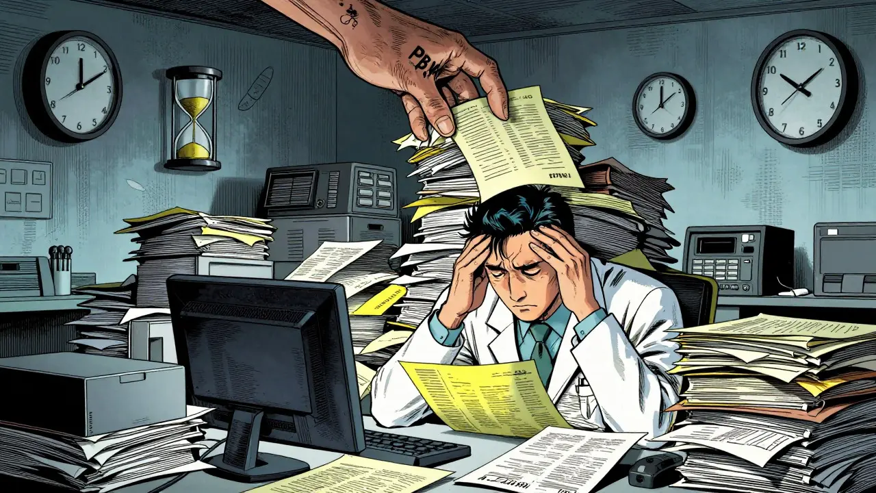 Manhua style: Doctor overwhelmed by paperwork and insurance bureaucracy.