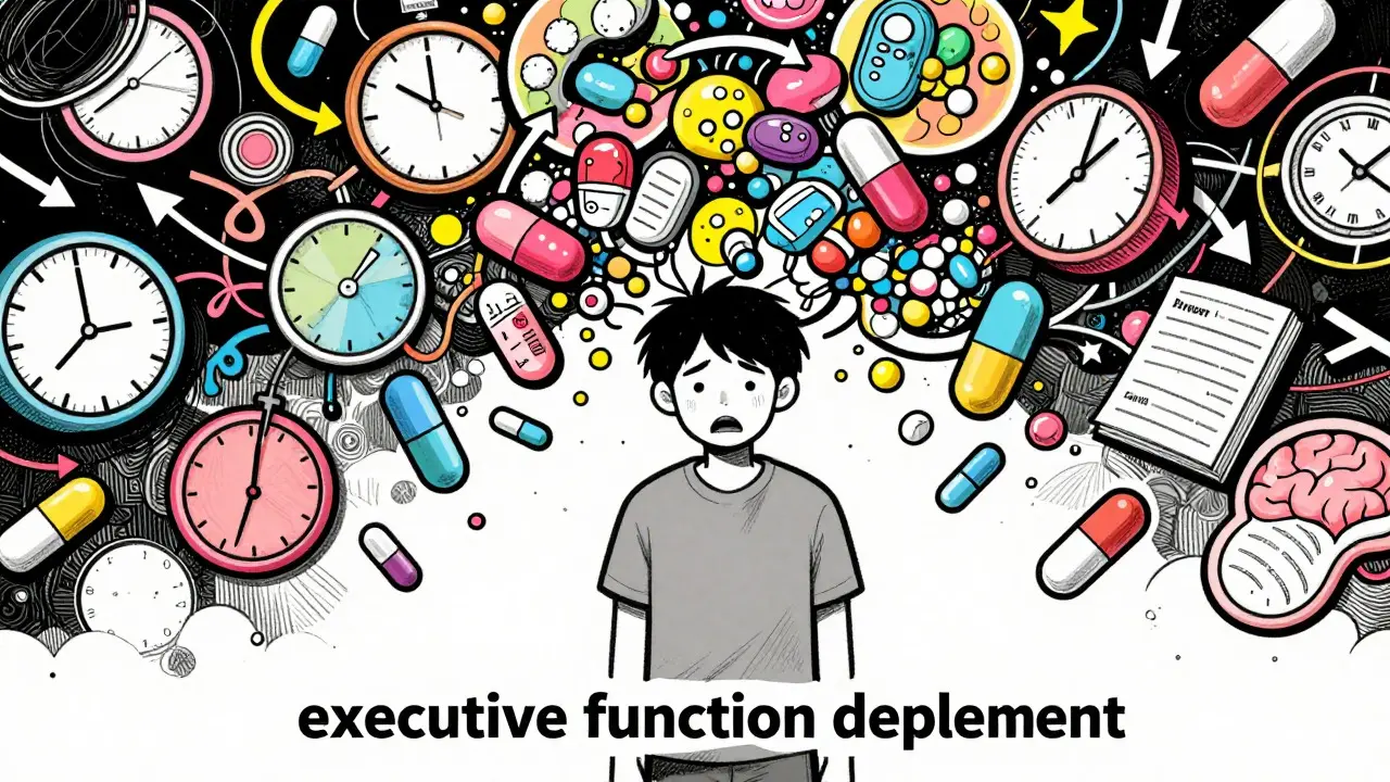 Manhua style: Patient overwhelmed by chaotic medication symbols