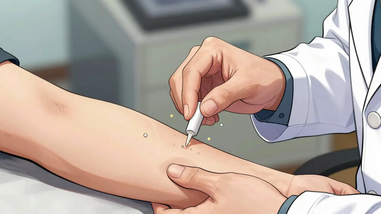 Stylized manhua illustration of a doctor performing a skin prick allergy test on an arm.