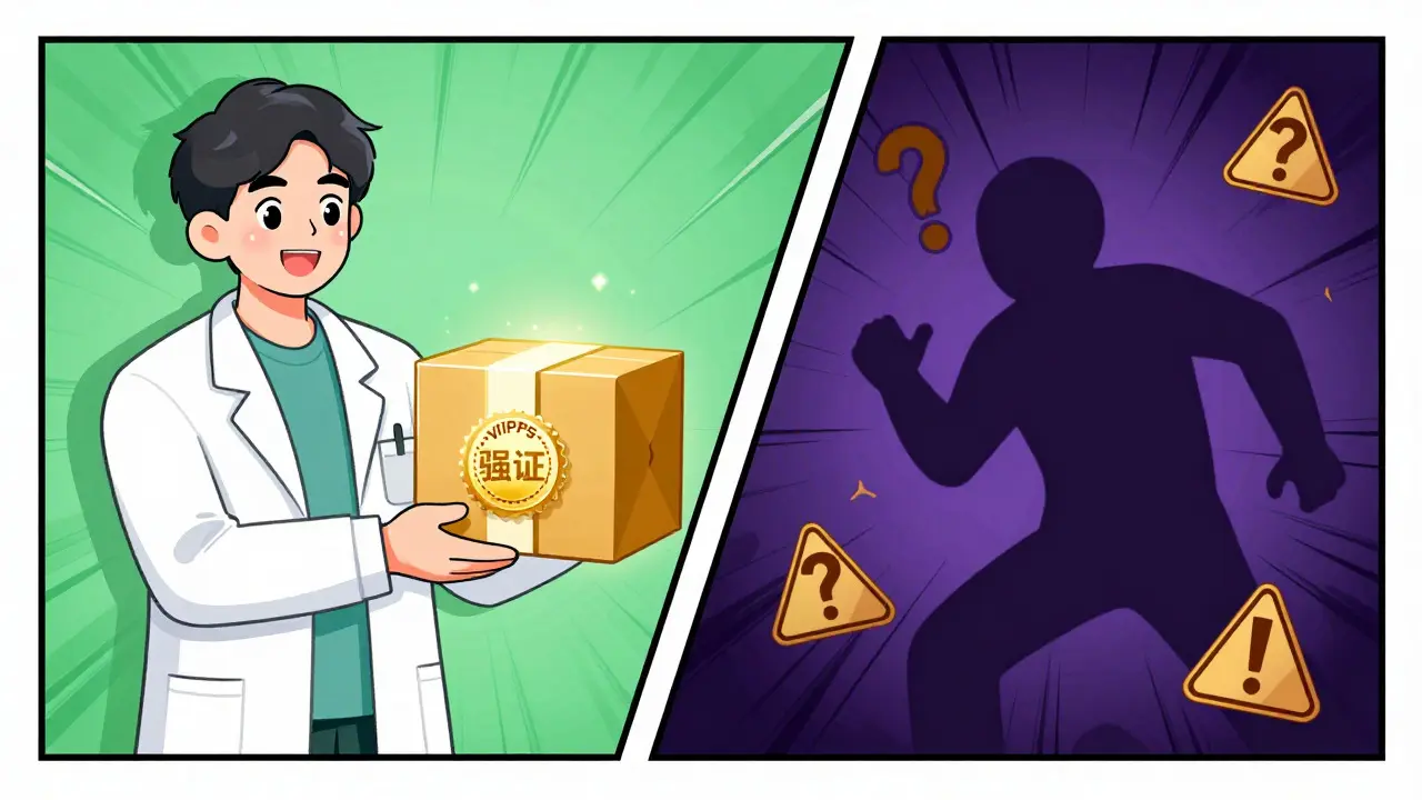 Cartoon comparison of safe verified pharmacy vs shady fake drug seller