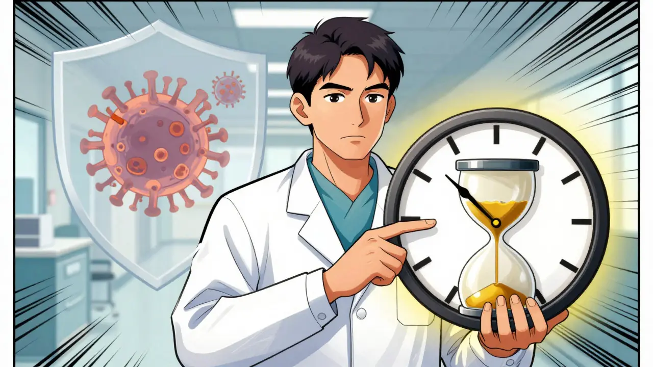 Cartoon showing the critical 48-hour window for taking flu antivirals