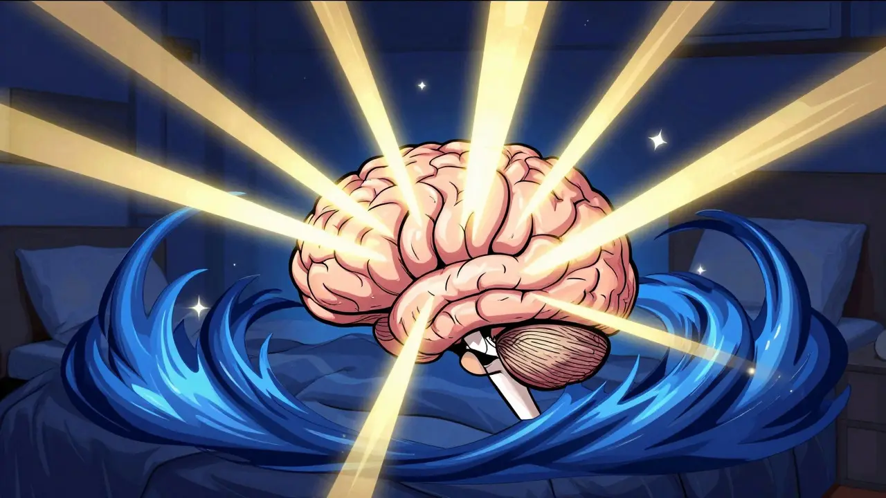 Conceptual manhua art showing a brain surrounded by swirling sleep pressure energy