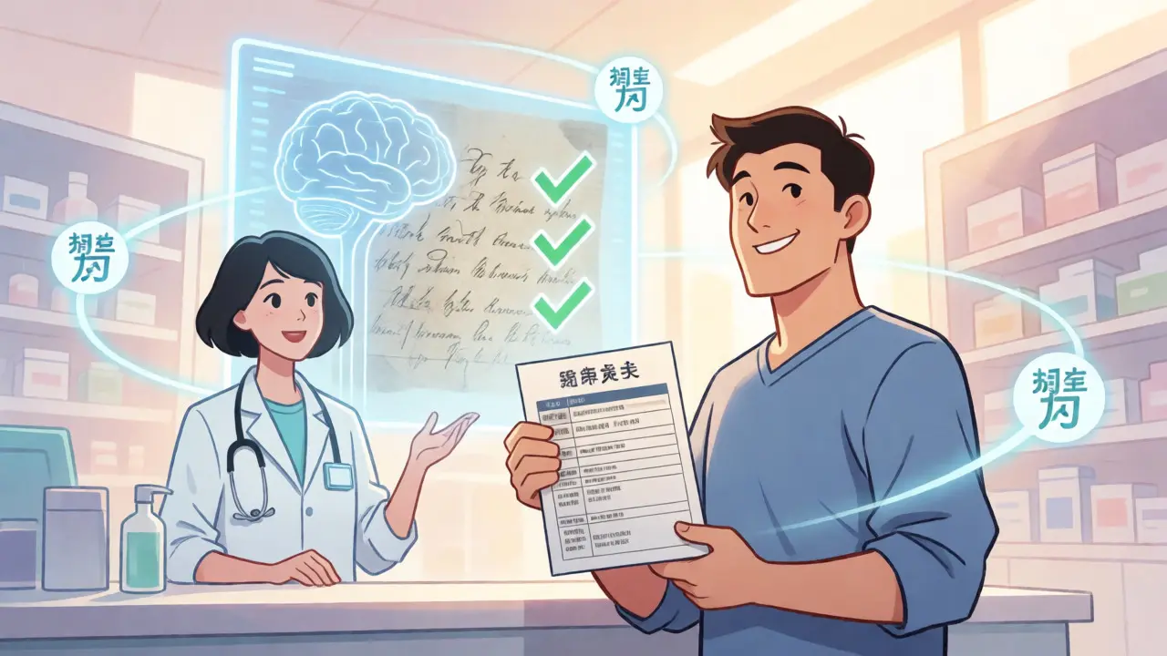 Futuristic manhua scene showing AI analyzing prescriptions for patient safety