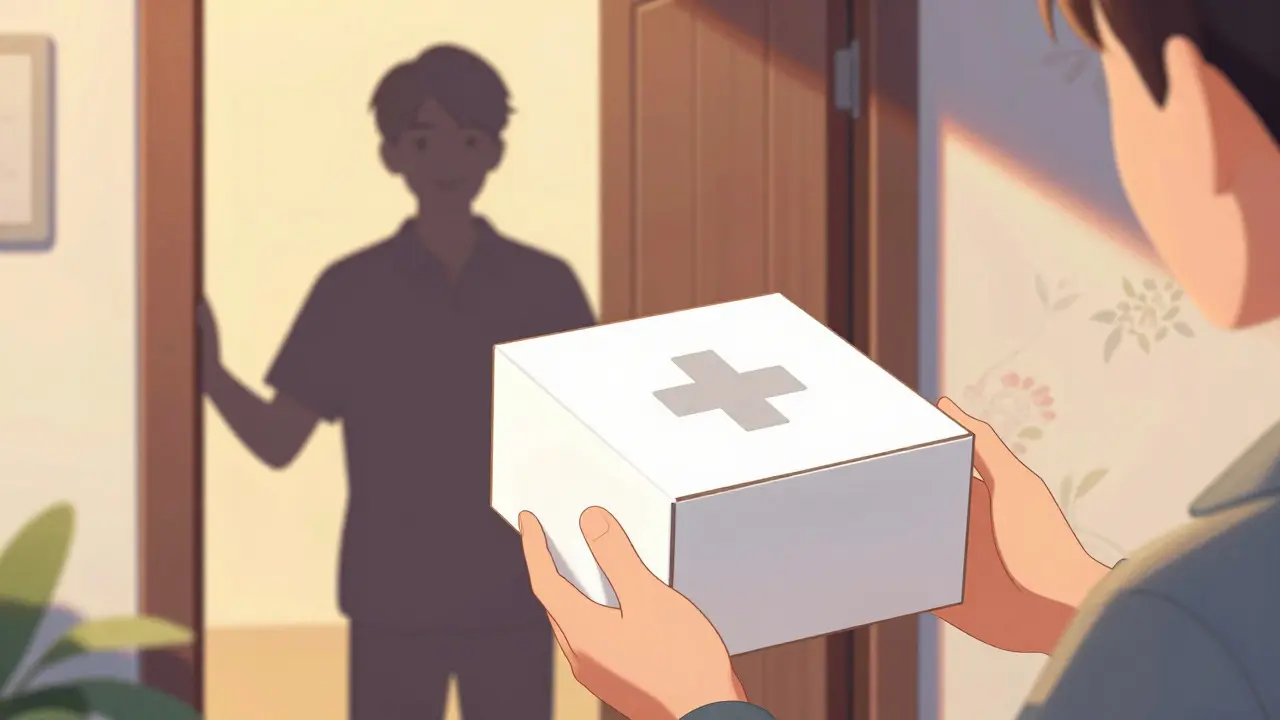 Hand receiving a discreet medication package at a front door during sunset