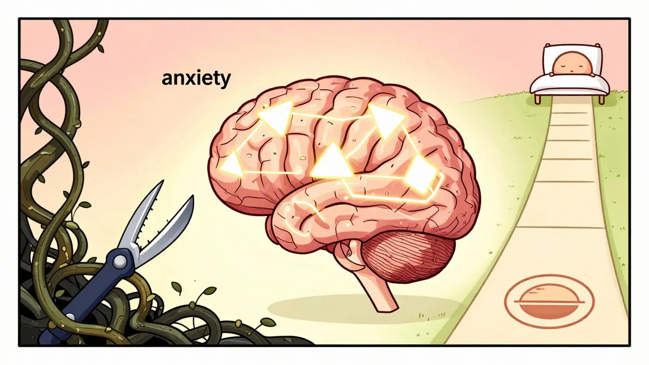 Illustration of a brain undergoing CBT-I therapy, replacing anxiety with structured calmness.