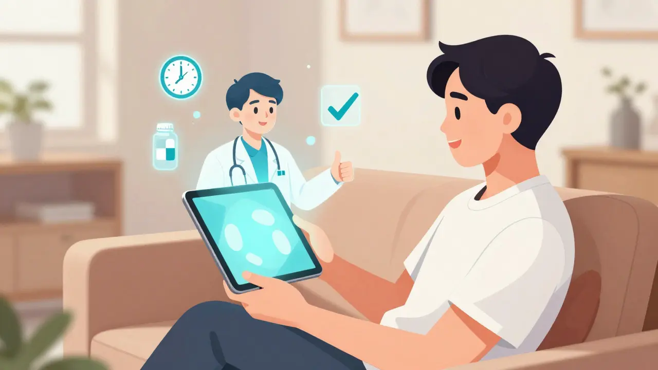 Illustration of a patient using telehealth for a quick prescription