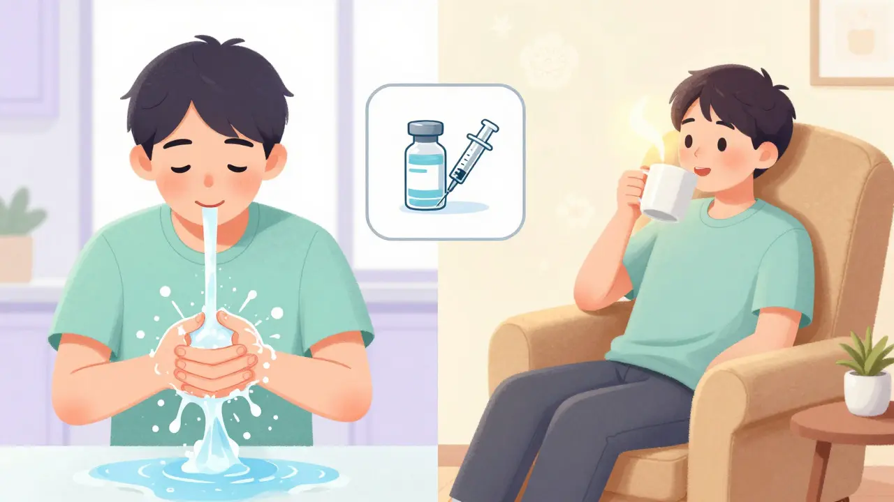 Illustration of hand washing, rest, and vaccination for virus prevention