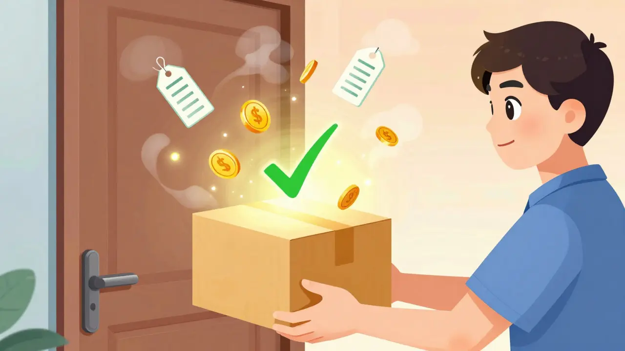 Illustration of receiving safe medication delivery with savings symbols