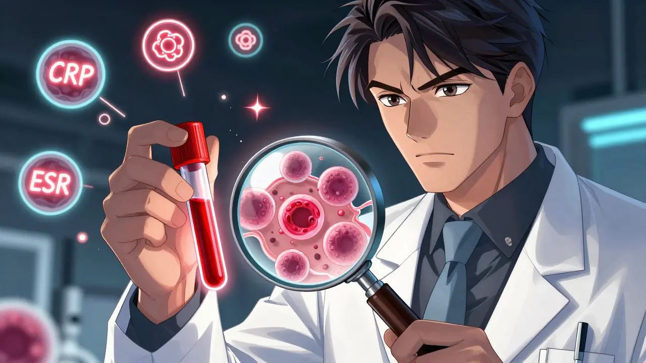 Manhua art showing glowing blood tests and microscopic immune cell activity.