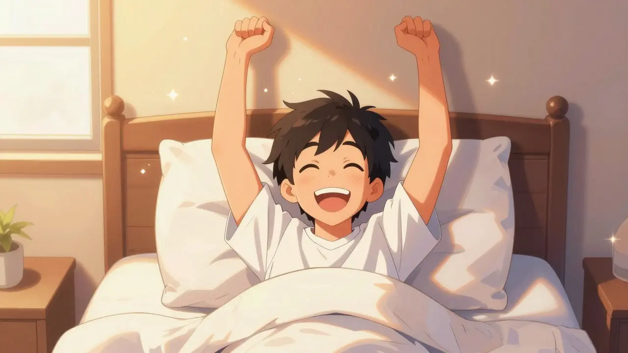 Manhua illustration of a happy, refreshed person stretching in a sunny bedroom