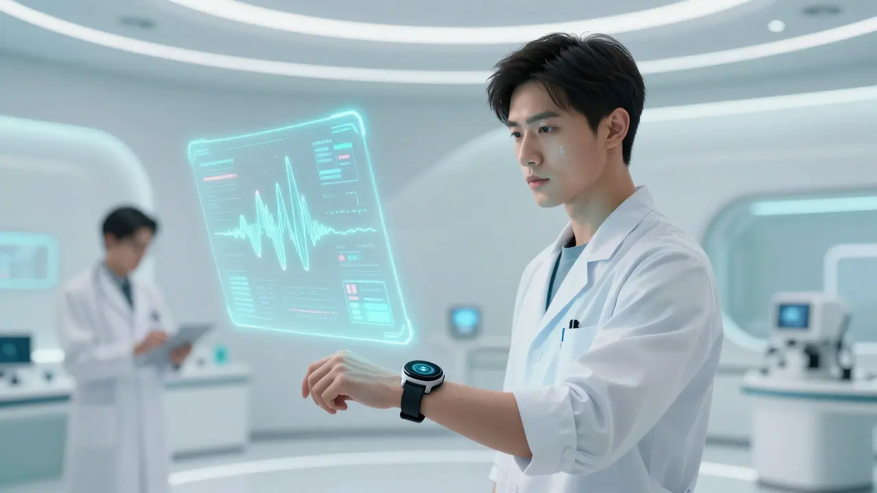 Manhua illustration of a patient using a wearable tech hologram for health monitoring.