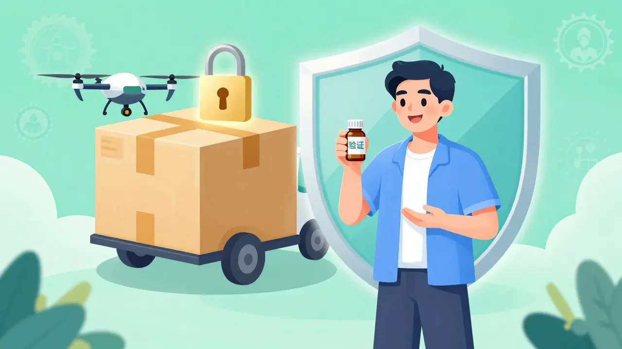 Manhua style image of a person receiving a secure, verified medication package with a shield