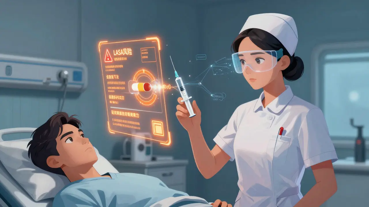 Nurse using AR technology to check for medication errors in a Chinese manhua style scene.