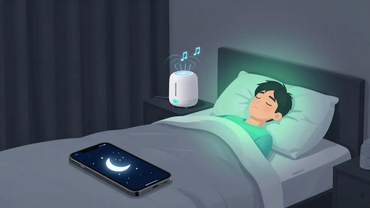 Peaceful bedroom scene with sleep hygiene tools like blackout curtains and white noise machine.