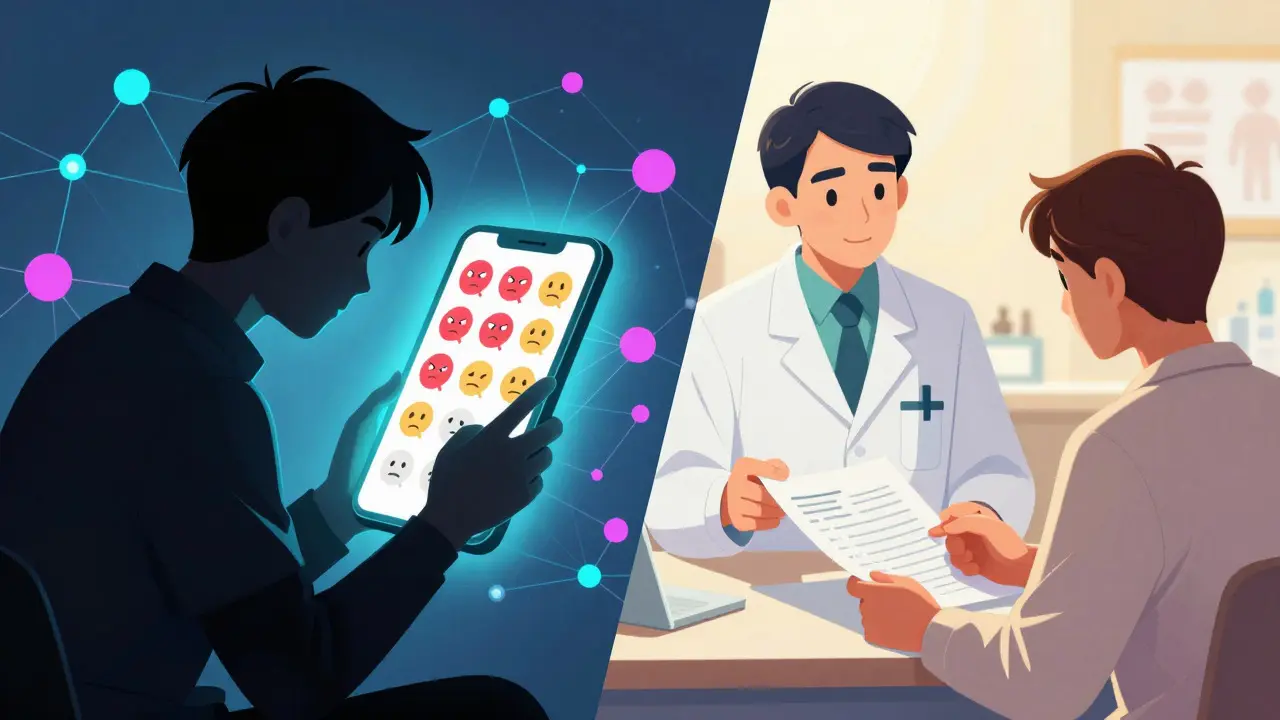 Split scene showing online skepticism vs pharmacist trust building